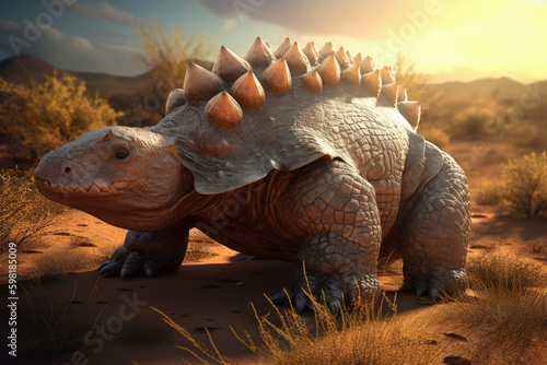 An immense ankylosaurus its armorplated body shining beneath the scorching sun lumbering across a barren savanna.. AI generation. Generative AI