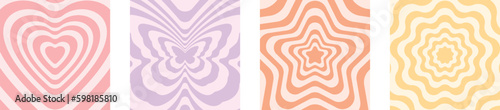 Set of retro groovy aesthetic background. Repeating heart, butterflies, star background in retro 70s. Groovy psychedelic pattern in y2k style for poster, banner, invitation card, print