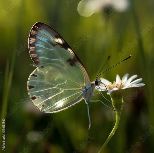 Mariposa transparente encima de una flor blanca photo