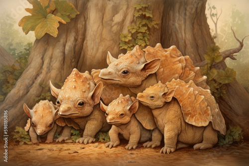 A pack of baby Protoceratops cautiously huddling together beneath a large tree.. AI generation. Generative AI photo