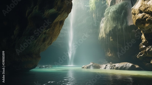 waterfall in the cave. Generative Ai