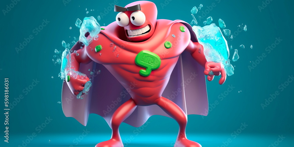 cartoon spleen character with a superhero costume, flexing its muscles ...