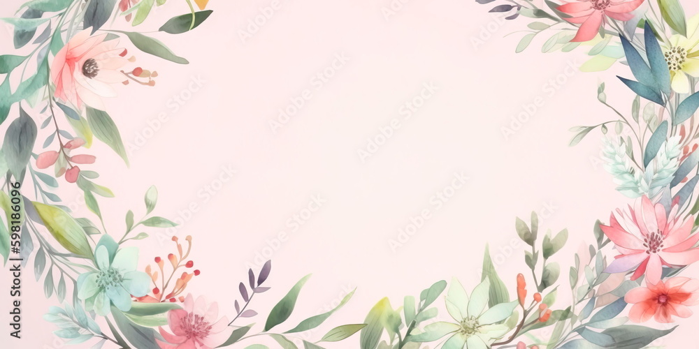 watercolor floral wreath with pastel flowers and greenery, ideal for use in branding or stationery. Generative AI