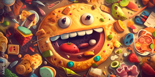 cartoon stomach character with eyes and a mouth, surrounded by food items, like pizza and burgers. Generative AI