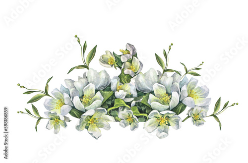 Watercolor branch with apple blossoms isolated on white background. Spring arrangement flowers. Lush foliage for celebration frame. Clipart for wedding invite or 8 March. Wallpaper wrapping, sticker