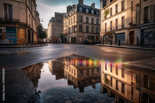  a vibrant rainbow reflected in a puddle on a charming cobblestone street