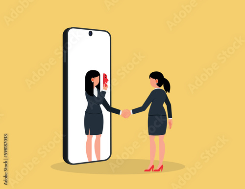 Business fraud or betrayal. Businesswoman shaking hands with his partner hiding behind mask