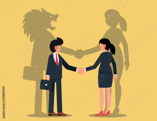 False Agreement or Dangerous Friendship. male character business alliance with wolf shadow and business women