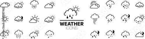 Weather icons. Weather forecast icon set.Weather forecast - outline web icon set, vector, thin line icons collection.Weather , clouds, sunny day, moon, snowflakes, wind, sun day. . Vector illustration