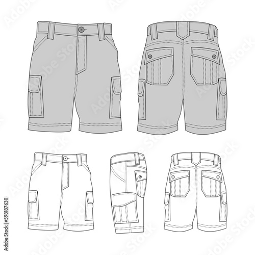 Gray technical sketch of Cargo Shorts vector template, front, back and side view, isolated on white background, editable color and stroke.
