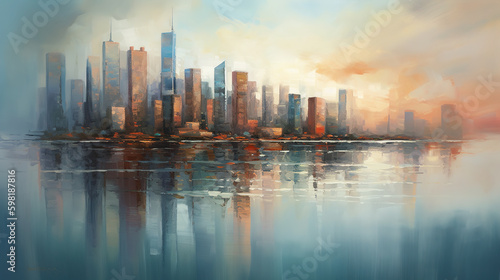 Panorama of a large modern metropolis on the ocean or river. Painting in the technique of abstract oil painting. AI generative image. © Osadchyi_I