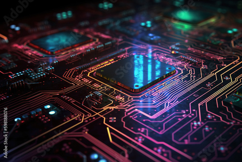 Abstract technology background with futuristic computer microcircuit board. AI generative image.