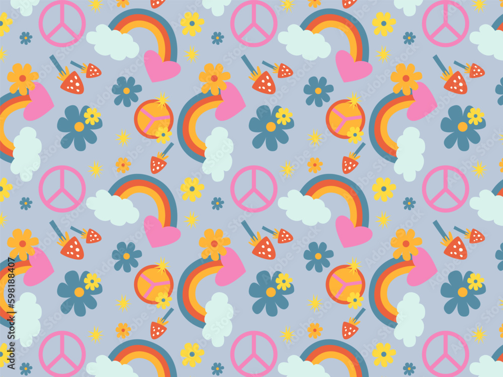 Retro seamless pattern with groovy elements. 70s hippie wallpaper. Cartoon funky mushrooms, flowers, rainbow, cloud, peace. Vintage hippy style. Generative AI Retro seamless pattern with groovy elements. 70s hippie wallpaper. Cartoon funky mushrooms, flowers, rainbow, cloud, peace. Vintage hippy style. Generative AI