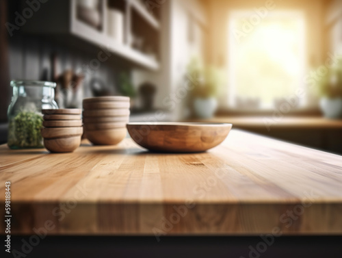Wooden table top with blurred kitchen interior background. Product demo mockup. AI generative image.