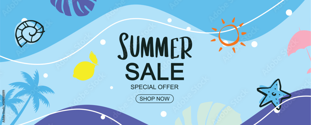 Summer sale with decoration on blue background.