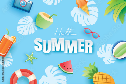Hello summer with decoration on blue background. Paper art and craft style.