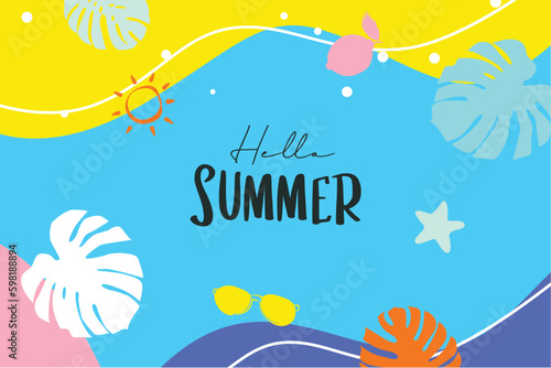 Hello summer with decoration on blue background.