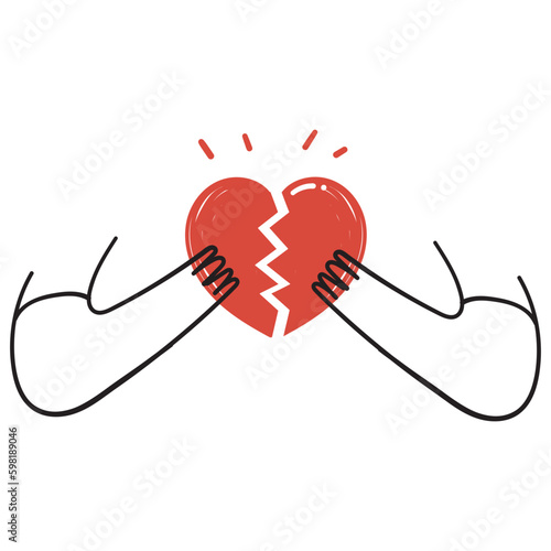 hand drawn doodle person holding broken heart illustration vector