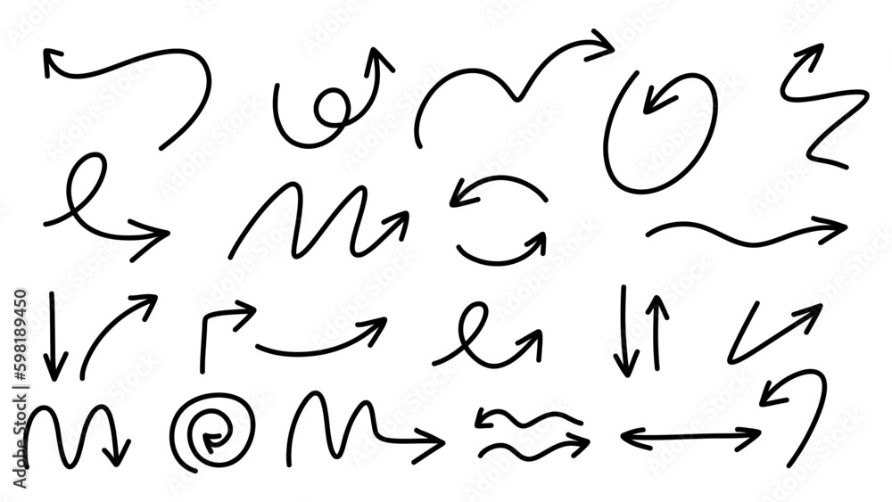 Arrows pointing in different directions handwritten calligraphy set ,Hand drawn design elements , Flat Modern design isolated on white background ,Vector illustration EPS 10 Arrows pointing in different directions handwritten calligraphy set ,Hand drawn design elements , Flat Modern design isolated on white background ,Vector illustration EPS 10