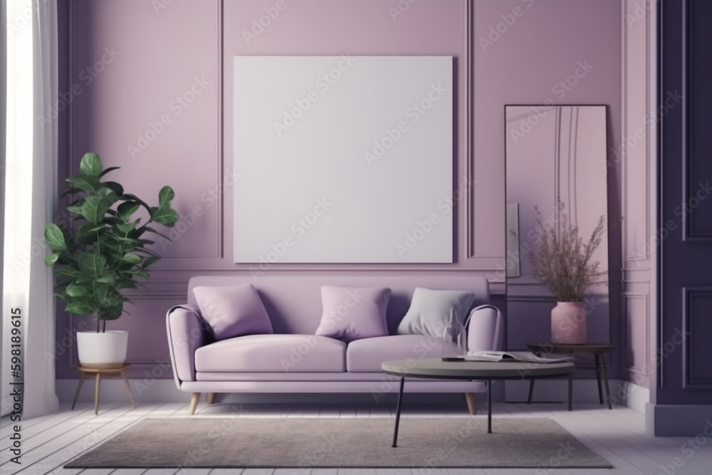 Purple Living Room Interior - Cozy and Sophisticated Space Created with Generative AI Purple Living Room Interior - Cozy and Sophisticated Space Created with Generative AI