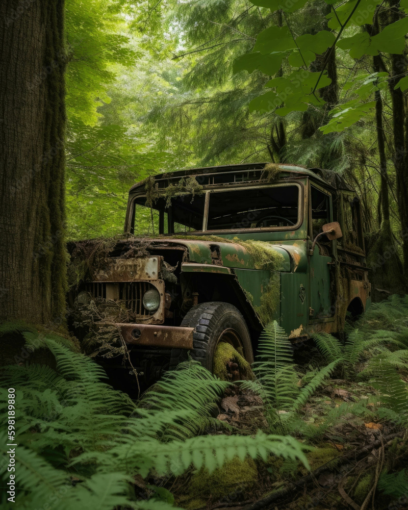 Nature reclaims its place with a single rusted Humvee engulfed in green. Abandoned landscape. AI generation. Generative AI