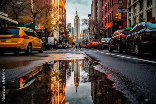 the dazzling colors mirrored in a puddle on a lively City street
