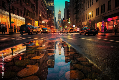 the dazzling colors mirrored in a puddle on a lively City street © Paul