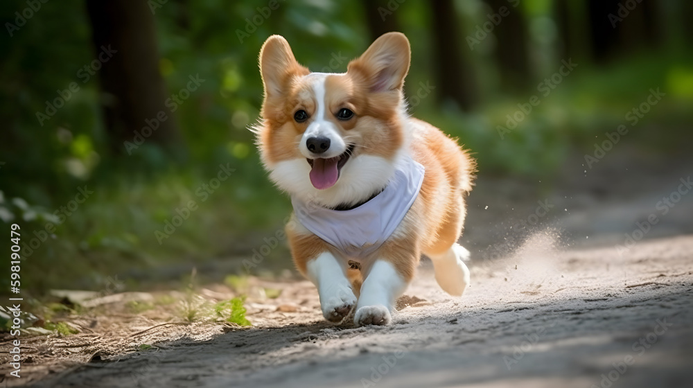 Running corgi dog on dusty street. Front view.