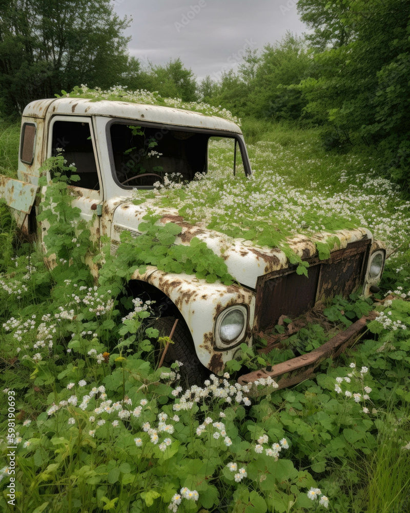 A forgotten military truck overgrown with a carpet of white clover. Abandoned landscape. AI generation. Generative AI A forgotten military truck overgrown with a carpet of white clover. Abandoned landscape. AI generation. Generative AI