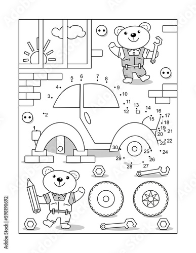 Bear mechanics repairing the car dot-to-dot picture puzzle and coloring page
