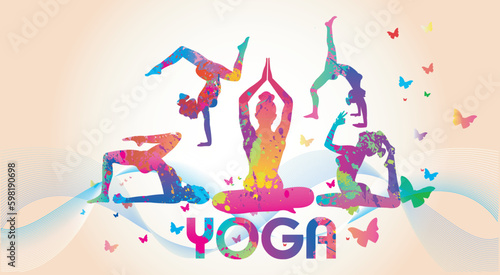 Set Of Yoga, Sport background. Ballerina in dance colorful splash paint, Girl gymnast in gymnastic. Graphic eps for logo, brochures. Vector illustration.