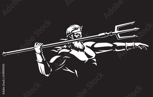 Poseidon Greek God, Aiming Trident Attack, Shadowed Illustration