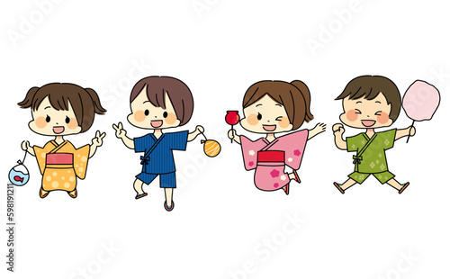 甚平を着た男の子たちと浴衣を着た女の子たちがジャンプしてるイラスト