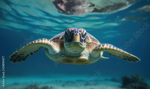 The beauty of a happy sea turtle captured in an underwater portrait Creating using generative AI tools