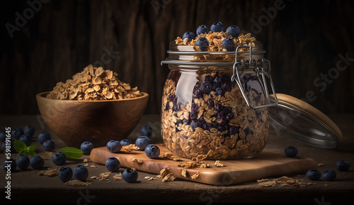 Homemade Granola in Jar and Fresh Blueberry, Generative AI