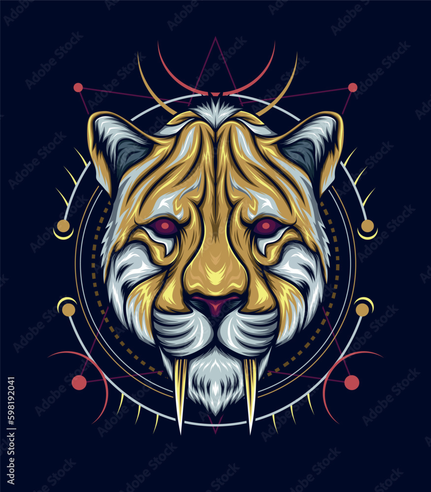 Obraz premium Sacred geometry pattern and Smilodon head vector design template