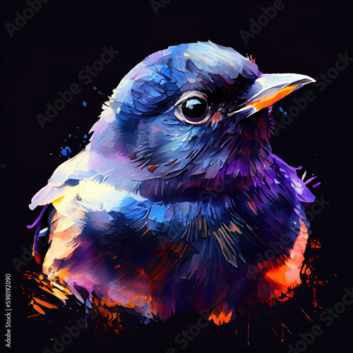 Watercolor portrait cute baby crow, bird illustration, colorful oil painting on black background, generative ai