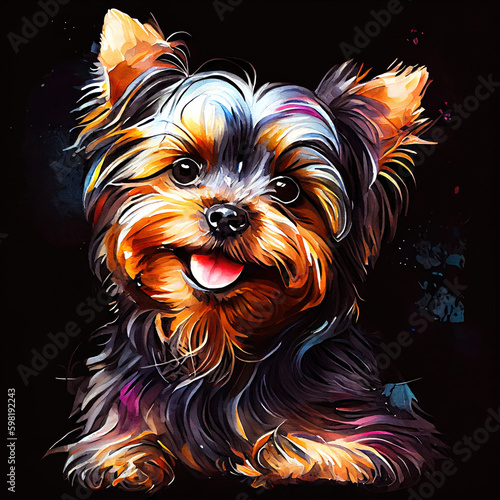 Watercolor portrait cute puppy yorkshire terrier, animal illustration, colorful oil painting on black background, generative ai