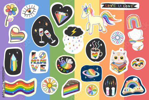 Pride LGBT symbols sticker, Pride month, love signs and rainbow flags. LGBTQ plus community festival icons vector set. Hand holding multicolored heart supporting love freedom, equality parade