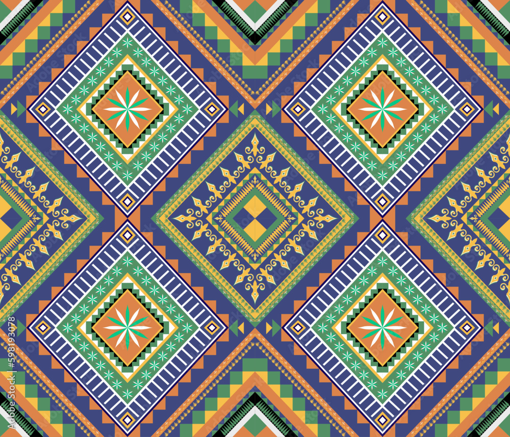 Ethnic folk geometric seamless pattern in colorful vector illustration design for fabric, mat, carpet, scarf, wrapping paper, tile and more