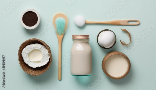 Organic Spa Flat Lay. Healthy Coconut Oil with a Wooden Brush, Generative AI