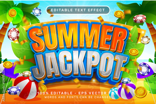 summer jackpot 3d text effect and editable text effect with illustration of summer on the beach