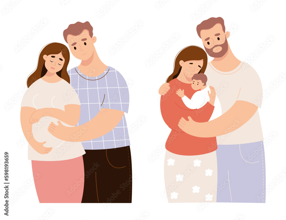 Happy family. Cute couple with pregnant woman and pair with newborn baby. Vector illustration in flat style. Future parents, pregnancy motherhood, parenthood concept.