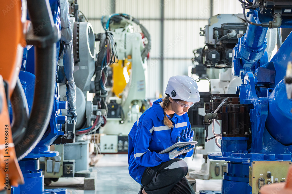 custom made wallpaper toronto digitalwoman technician engineer worker check heavy machine construction installation in industrial factory. technician worker check for repair maintenance electronic manufacture factory plant industry
