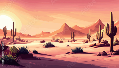 Desert background Summer with sun, sand, clouds, palms Trees Vector design style Nature Landscape. illustration desert oasis with cacti. Cacti flowers coming out of the ground with sand Generative AI photo