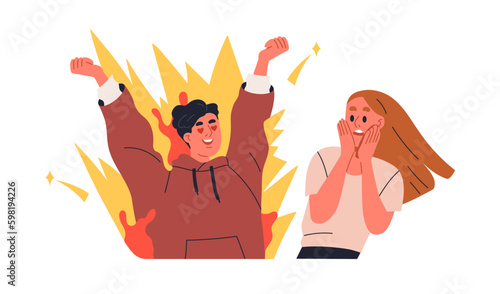 Emotional man confessing love, revealing real romantic feelings to crush woman. Afraid shocked girl, negative reaction to friends emotion. Flat graphic vector illustration isolated on white background