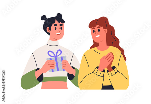Girl presenting gift in wrapped box to happy woman friend. Young girlfriends giving and receiving giftbox, holiday surprise with ribbon bow. Flat vector illustration isolated on white background