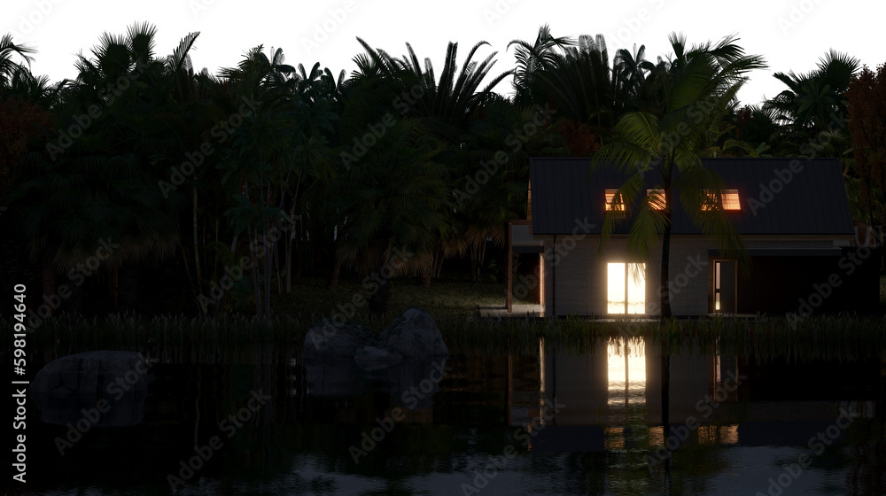 Obraz premium house in the jungle on the river bank on a transparent background, 3D illustration, cg render