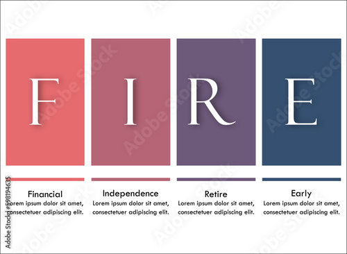FIRE - Financial Independence Retire Early. Infographic template with icons and description placeholder