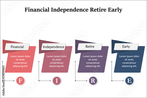 FIRE - Financial Independence Retire Early. Infographic template with icons and description placeholder